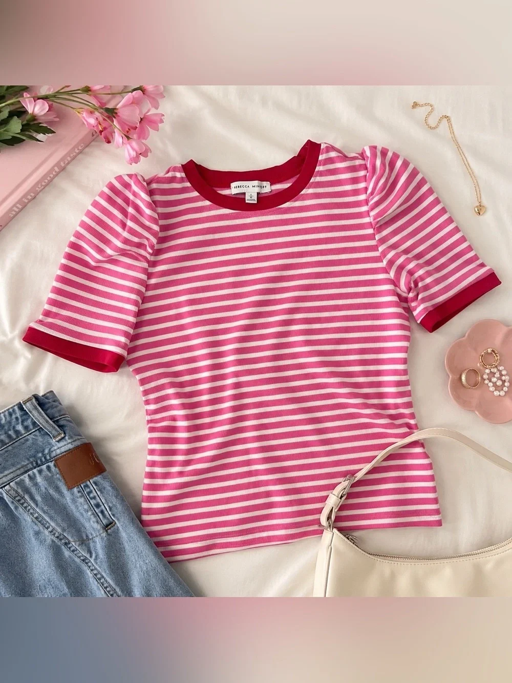 Rebecca Minkoff Pink White Striped Puff Sleeve Ribbed Knit Top Size Large